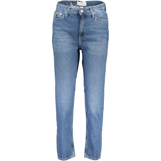 Calvin Klein Blue Cotton Women Jeans with high-waist, chic faded effect, embroidery, and 5-pocket design.