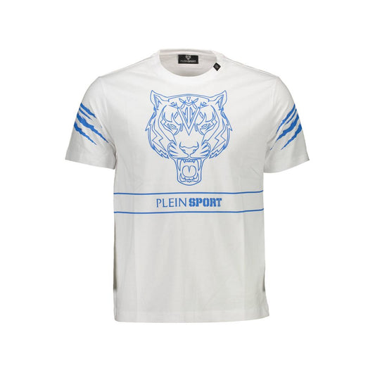 Plein Sport White Cotton Men T-Shirt with blue tiger design and logo, showcasing athletic opulence and bold style for trendsetters.