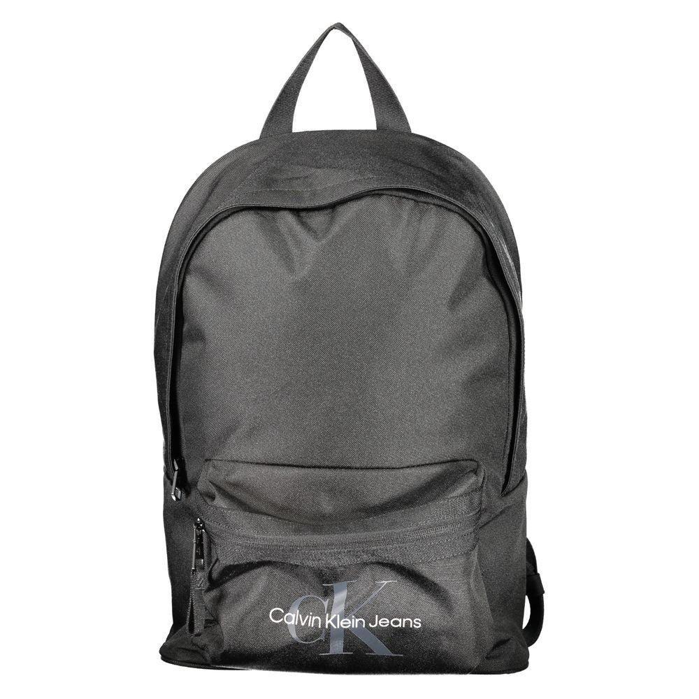 Calvin Klein Black Polyester Backpack with logo, adjustable straps, and multiple pockets, made from recycled materials.