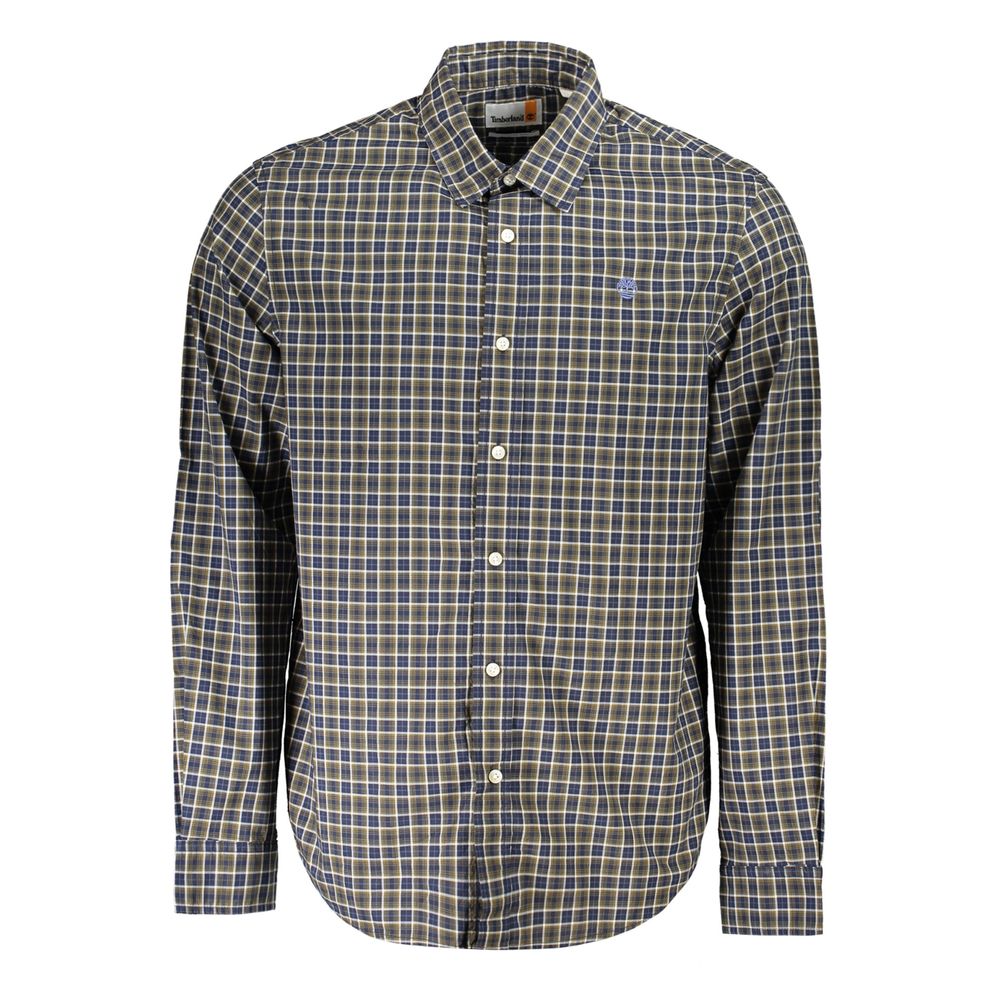 Timberland Blue Cotton Shirt, long sleeve, tartan pattern, Italian collar, regular fit, with logo embroidery and button cuffs.