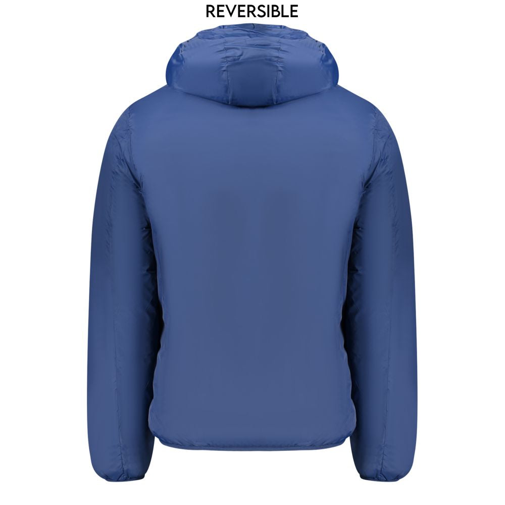 Norway 1963 Blue Polyamide Men Jacket, reversible with hood, back view showing bold blue side, long sleeves.