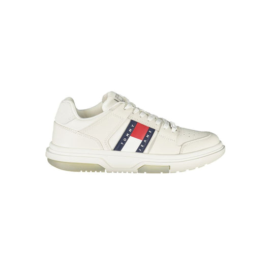 Tommy Hilfiger White Leather Women Sneaker with signature logo and contrasting details, offering style and comfort.
