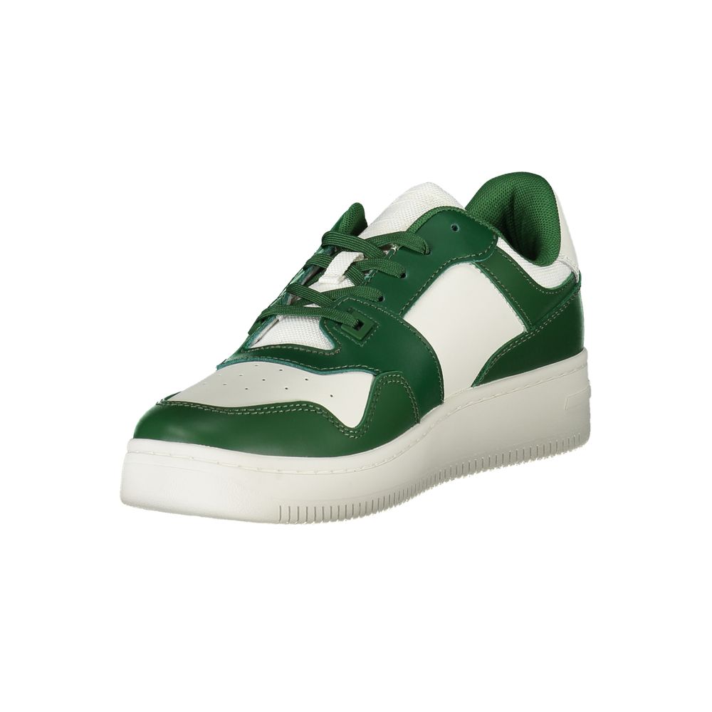Tommy Hilfiger Green Leather Men Sneaker with contrasting details and removable insole for personalized comfort and style.