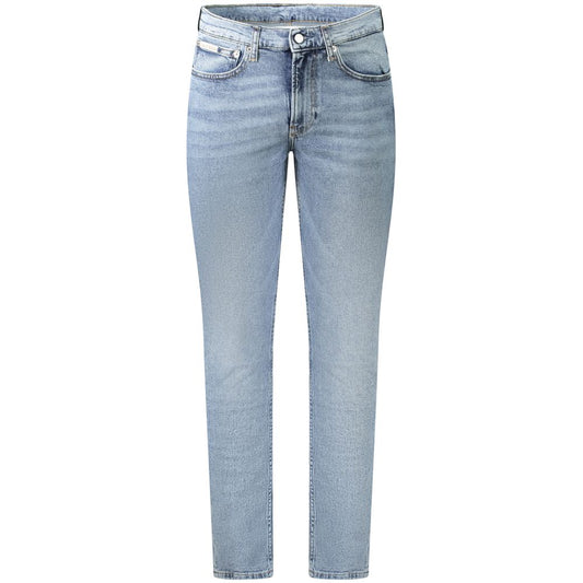 Calvin Klein Blue Cotton Men Jeans with slim taper and washed effect, showcasing modern style and designer perfection in blue cotton fabric.