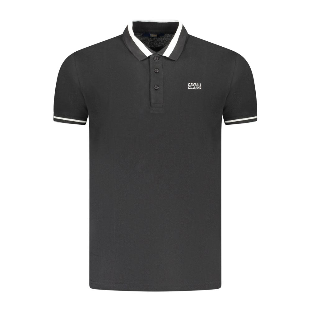 Cavalli Class Black Cotton Men Polo Shirt with contrast-detail buttons and signature embroidery, showcasing sleek sophistication and luxury style.