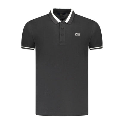 Cavalli Class Black Cotton Men Polo Shirt with contrast-detail buttons and signature embroidery, showcasing sleek sophistication and luxury style.