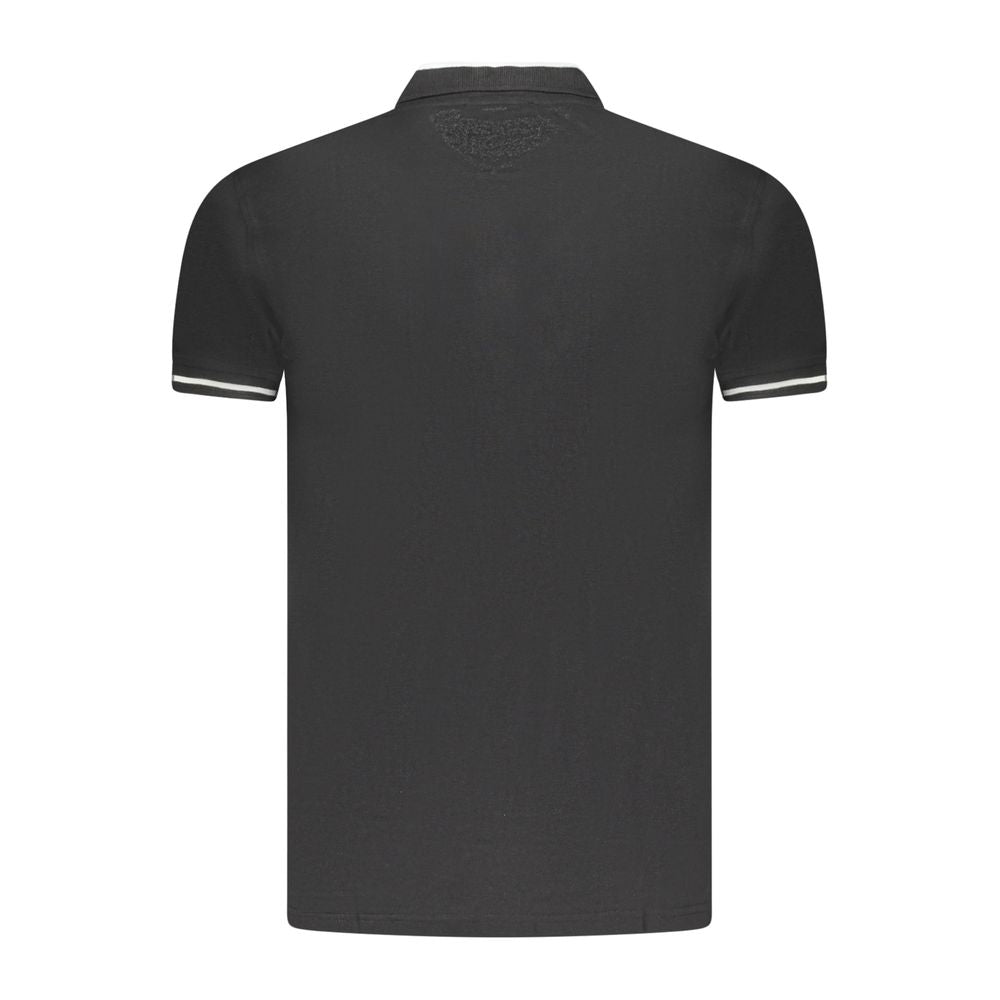 Cavalli Class Black Cotton Men Polo Shirt with short sleeves, contrast buttons, and signature embroidery for a luxurious style.