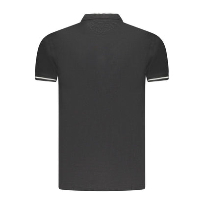 Cavalli Class Black Cotton Men Polo Shirt with short sleeves, contrast buttons, and signature embroidery for a luxurious style.