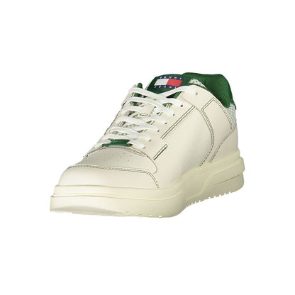 Tommy Hilfiger Green Leather Men Sneaker with white base and green accents, showcasing a stylish and modern design for men.