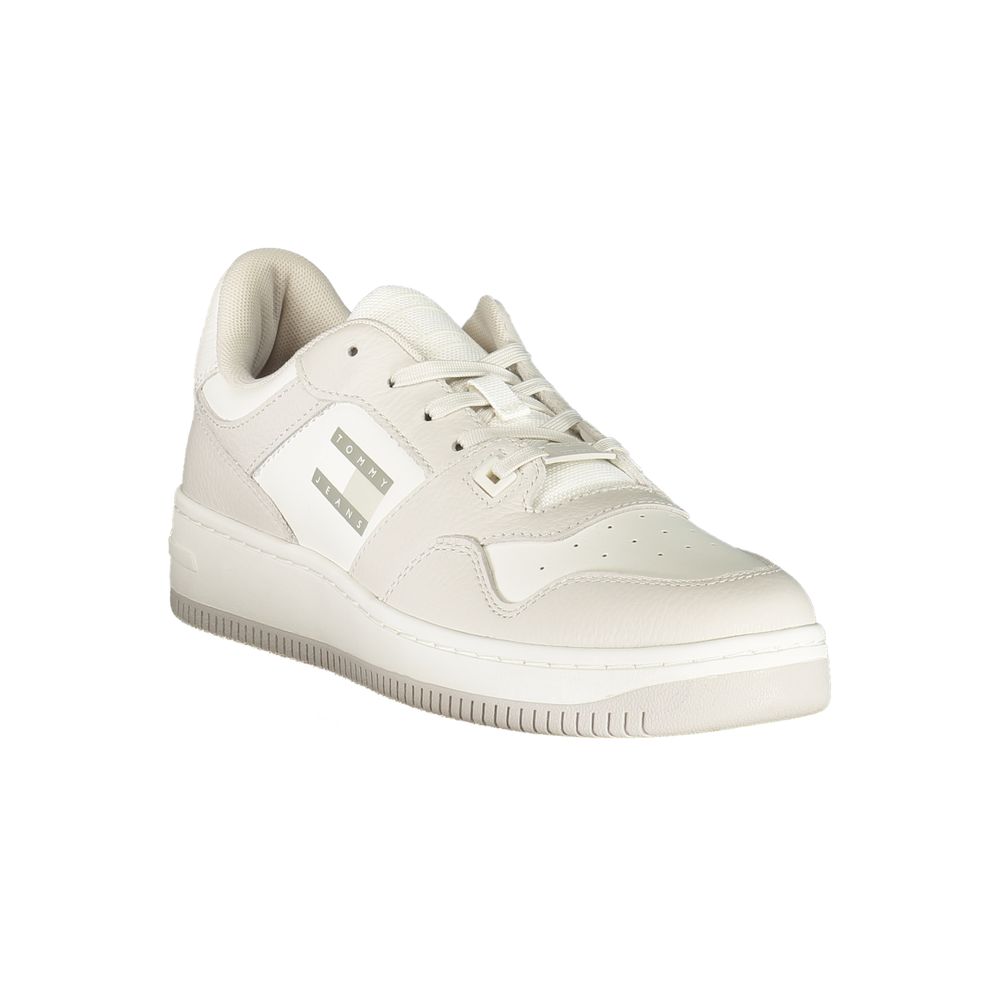 Tommy Hilfiger White Leather Men Sneaker with grey accents, offering style and comfort, ideal for casual outings.