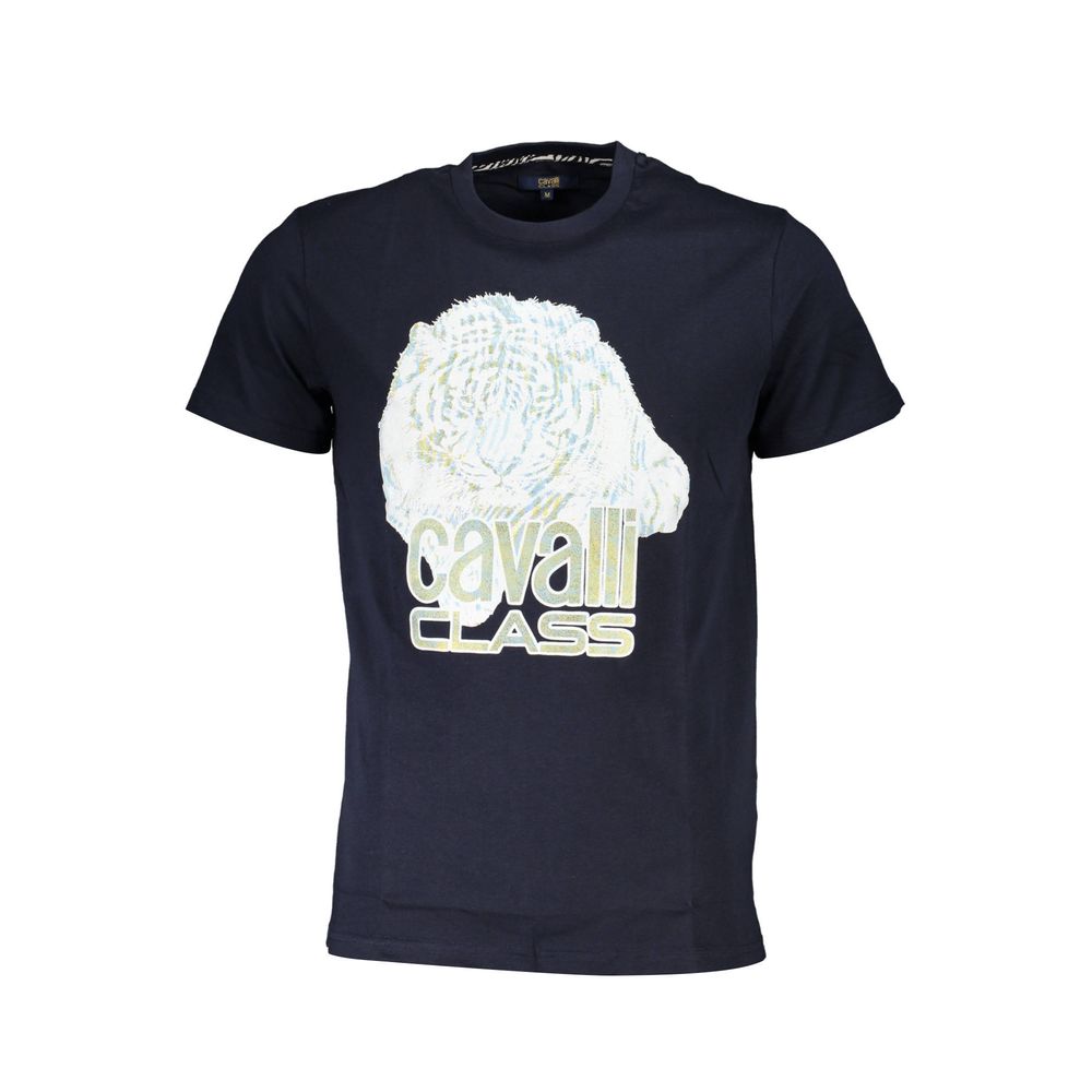 Cavalli Class Blue Cotton Men T-Shirt with bold Cavalli logo and print, luxury designer fashion statement, premium cotton.