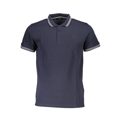 Cavalli Class Blue Cotton Men Polo Shirt with embroidery, short sleeves, button-up design, offering stylish Italian sophistication.