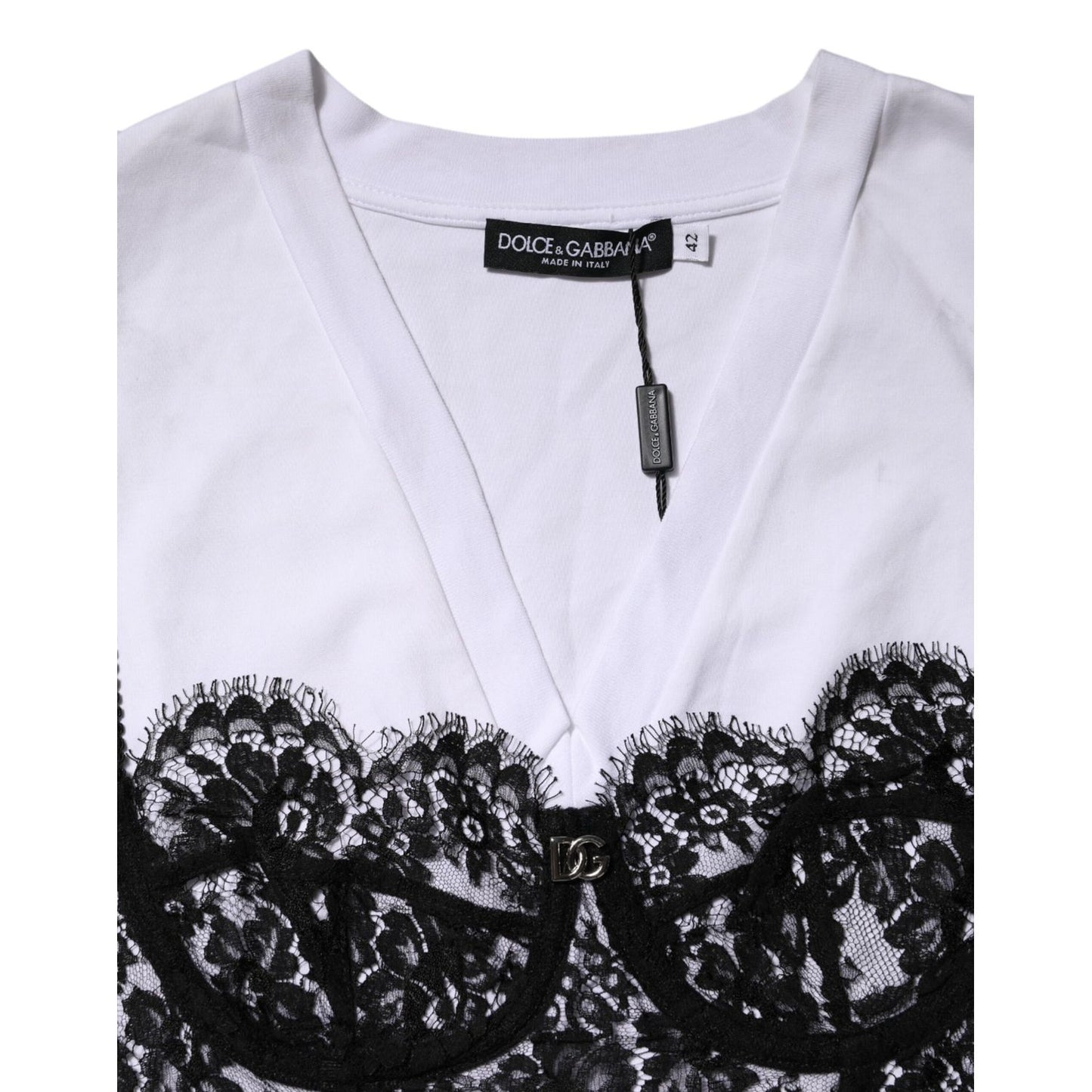 Dolce & Gabbana White Lace Cotton V-Neck Short Sleeves Top