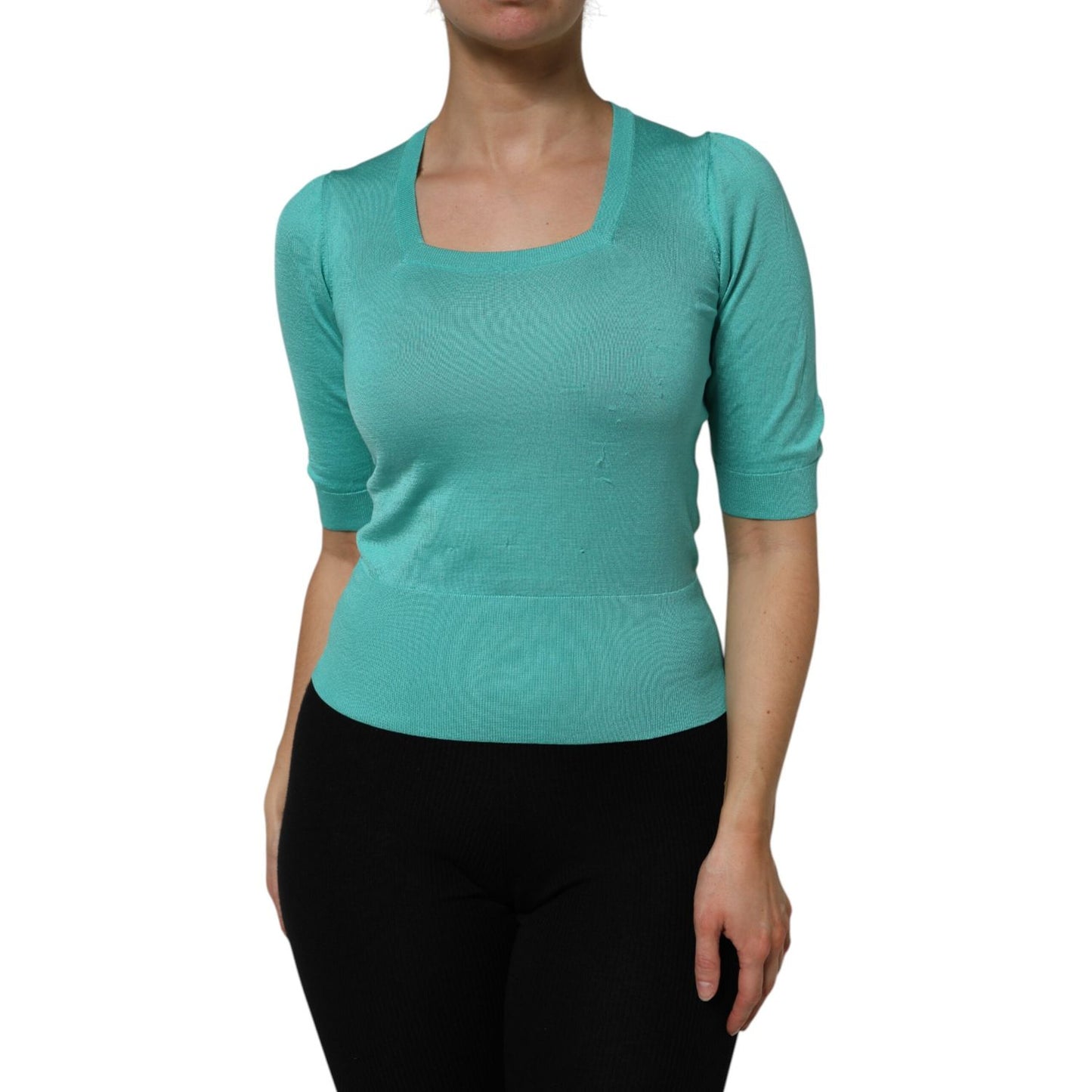 Dolce & Gabbana Aqua Blue Silk Short Sleeves Square Neck Top