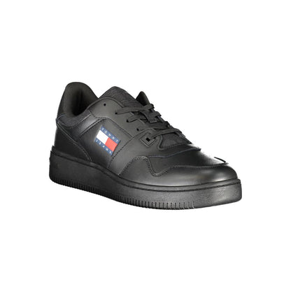 Tommy Hilfiger Black Polyester Sneaker with logo, sports footwear featuring laces and contrast details