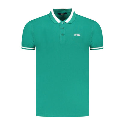 Cavalli Class Green Cotton Men Polo Shirt with short sleeves, bold green color, and embroidered logo, ideal for stylish casual wear.