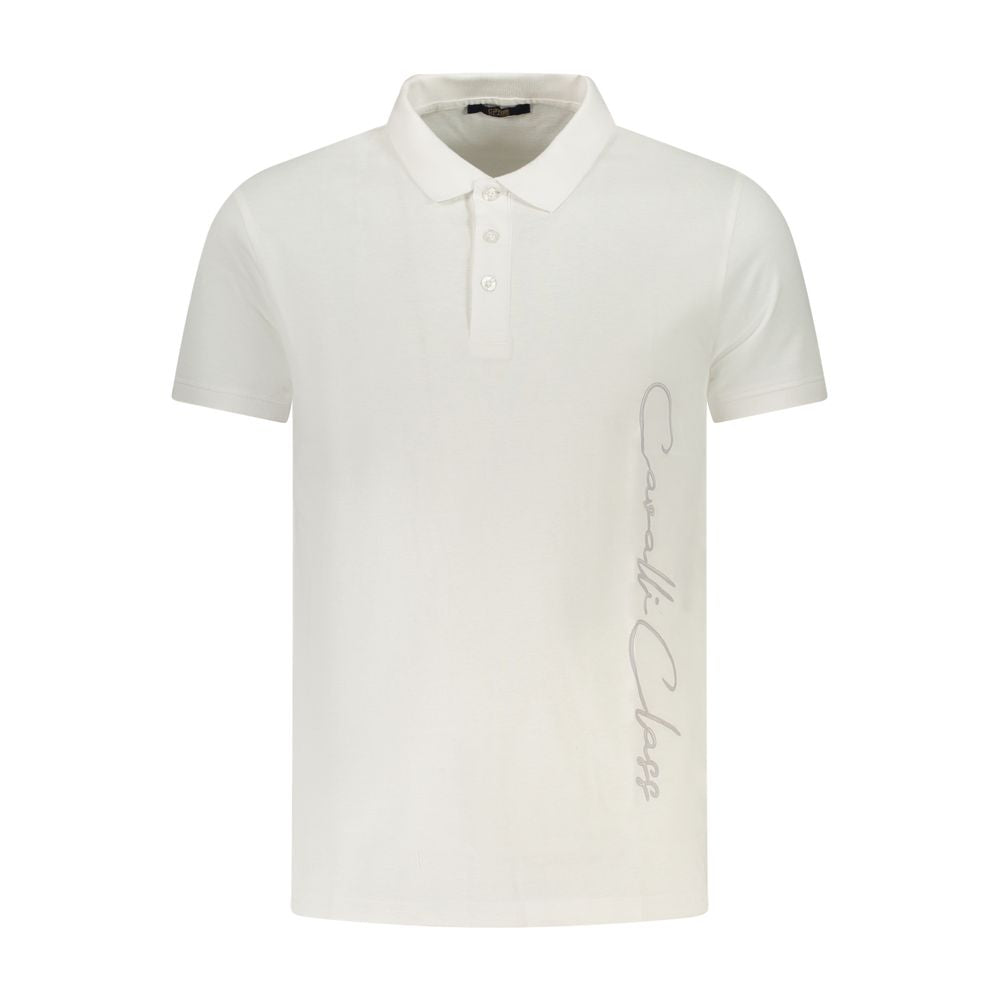 Cavalli Class White Cotton Men Polo Shirt with logo print, short sleeves, and classic three-button design.