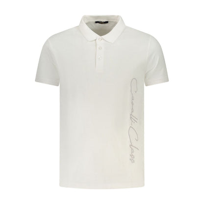 Cavalli Class White Cotton Men Polo Shirt with logo print, short sleeves, and classic three-button design.