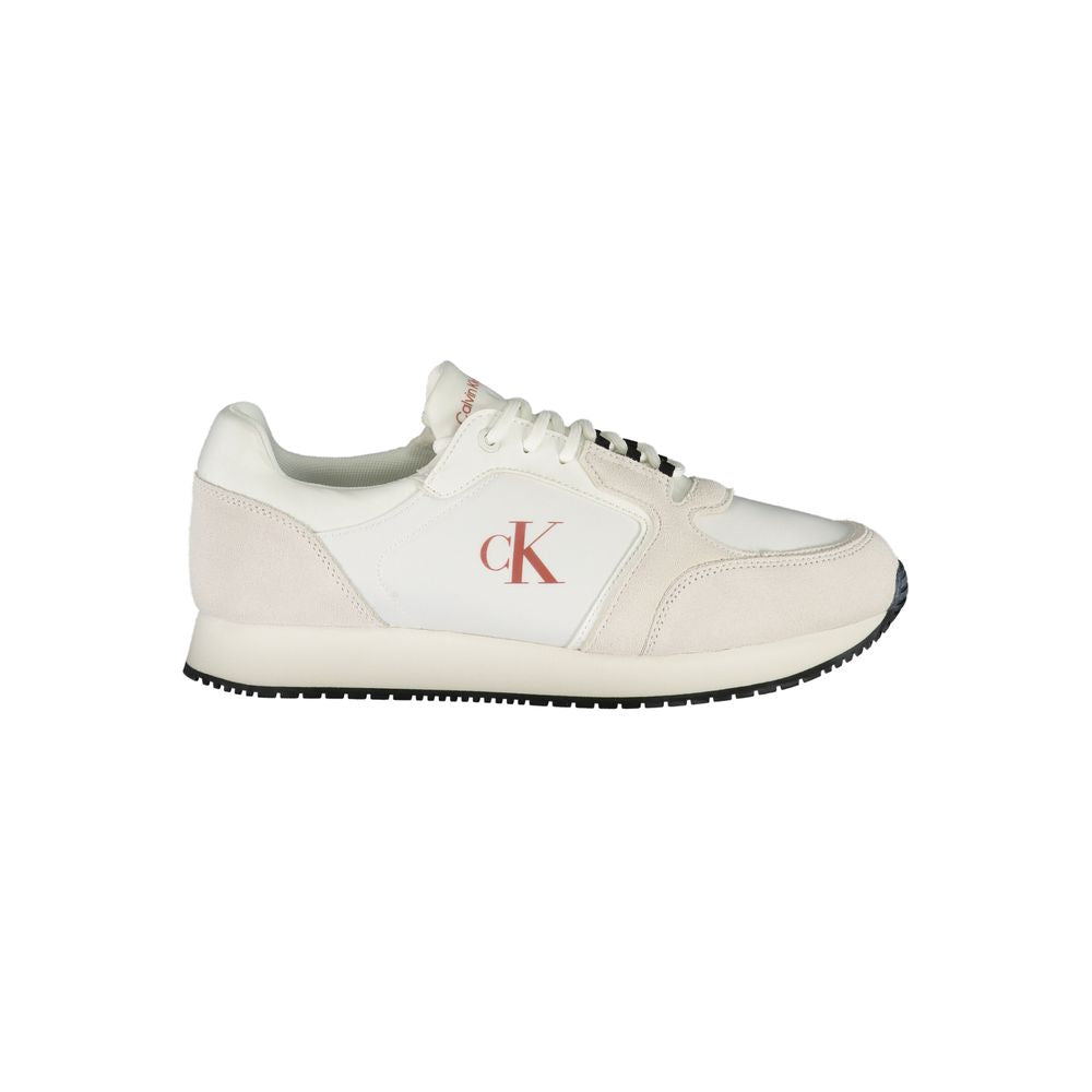 Calvin Klein White Leather Men Sneaker, featuring sleek design and iconic CK logo for urban style.