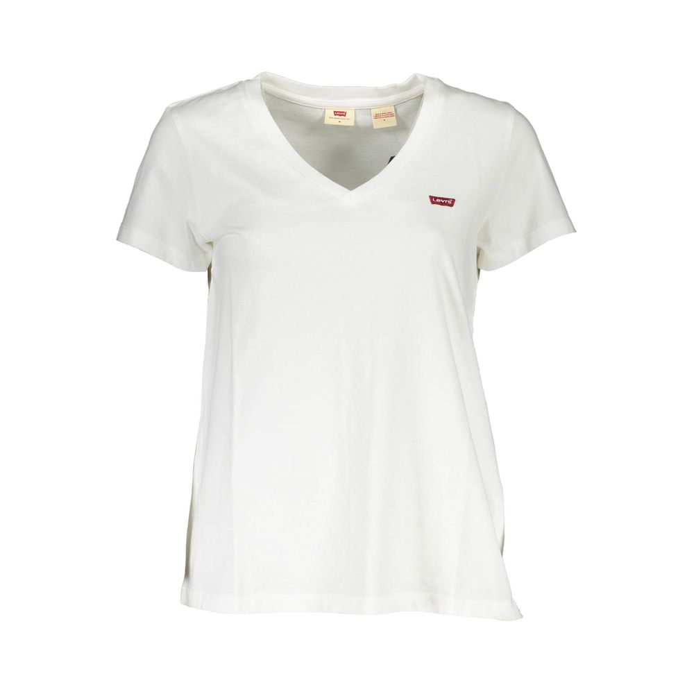Levi's White Cotton Women T-Shirt with V-neck design and iconic logo.