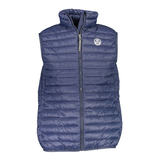 North Sails Blue Polyamide Men Jacket with logo, sleeveless design, front zip fastening, and quilted pattern for style and functionality.