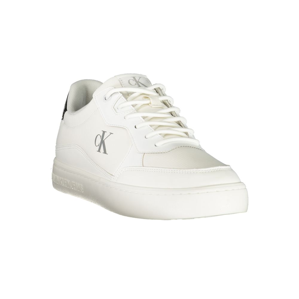 Calvin Klein White Polyester Men Sneaker featuring a sleek design with black accents and CK logo, emphasizing comfort and style.