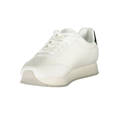 Calvin Klein White Leather Men Sneaker; sleek design with black details, cushioned comfort, iconic logo, suitable for dynamic style.