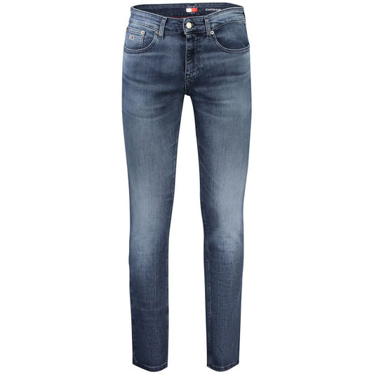 Tommy Hilfiger Blue Cotton Men Jeans with a washed effect and logo embroidery, slim fit design for stylish comfort.