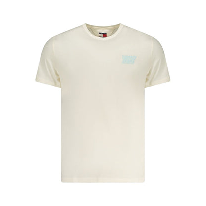 Tommy Hilfiger Beige Cotton Men T-Shirt with short sleeves and crew neck, featuring iconic logo, made of regenerative cotton for sustainable fashion.