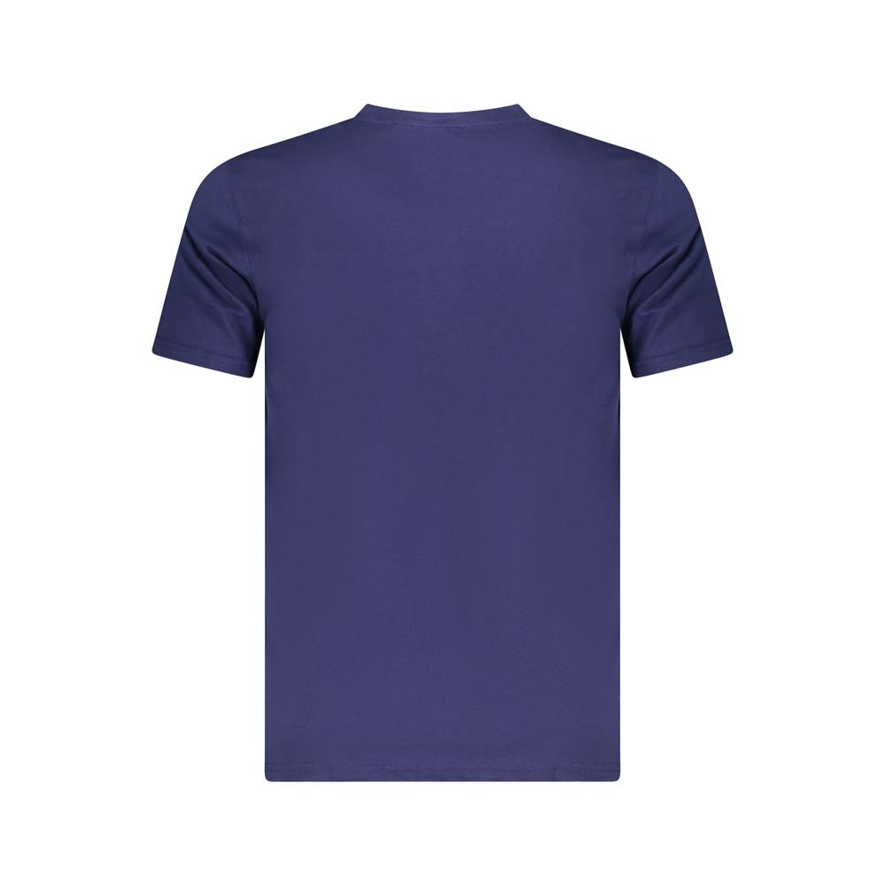 Cavalli Class Blue Cotton Men T-Shirt featuring short sleeves, crew neck, and iconic logo print on the back in a vibrant blue hue.