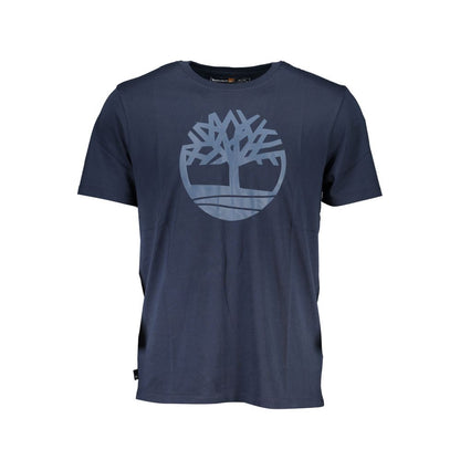 Timberland Blue Cotton T-Shirt with short sleeves, regular fit, crew neck, and logo print made from organic cotton.