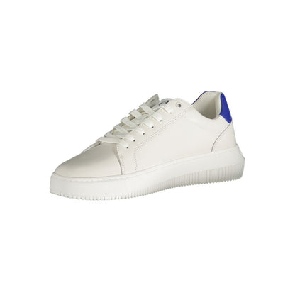 Alt Tag: Calvin Klein White Polyester Sneaker with blue accent, recycled material, sports shoe with laces and logo print.