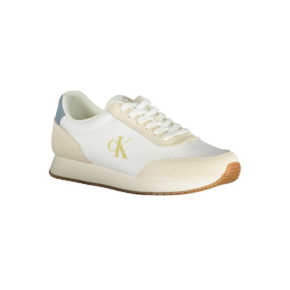Calvin Klein White Polyester Men Sneaker with bold blue and beige details, featuring iconic logo and removable insole for custom comfort.