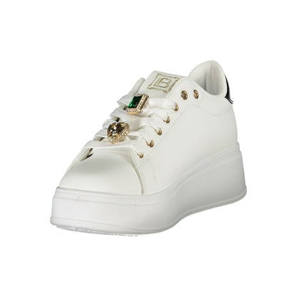 Laura Biagiotti White Synthetic Women Sneaker with rhinestone embellishments and 4 cm wedge for style and comfort.