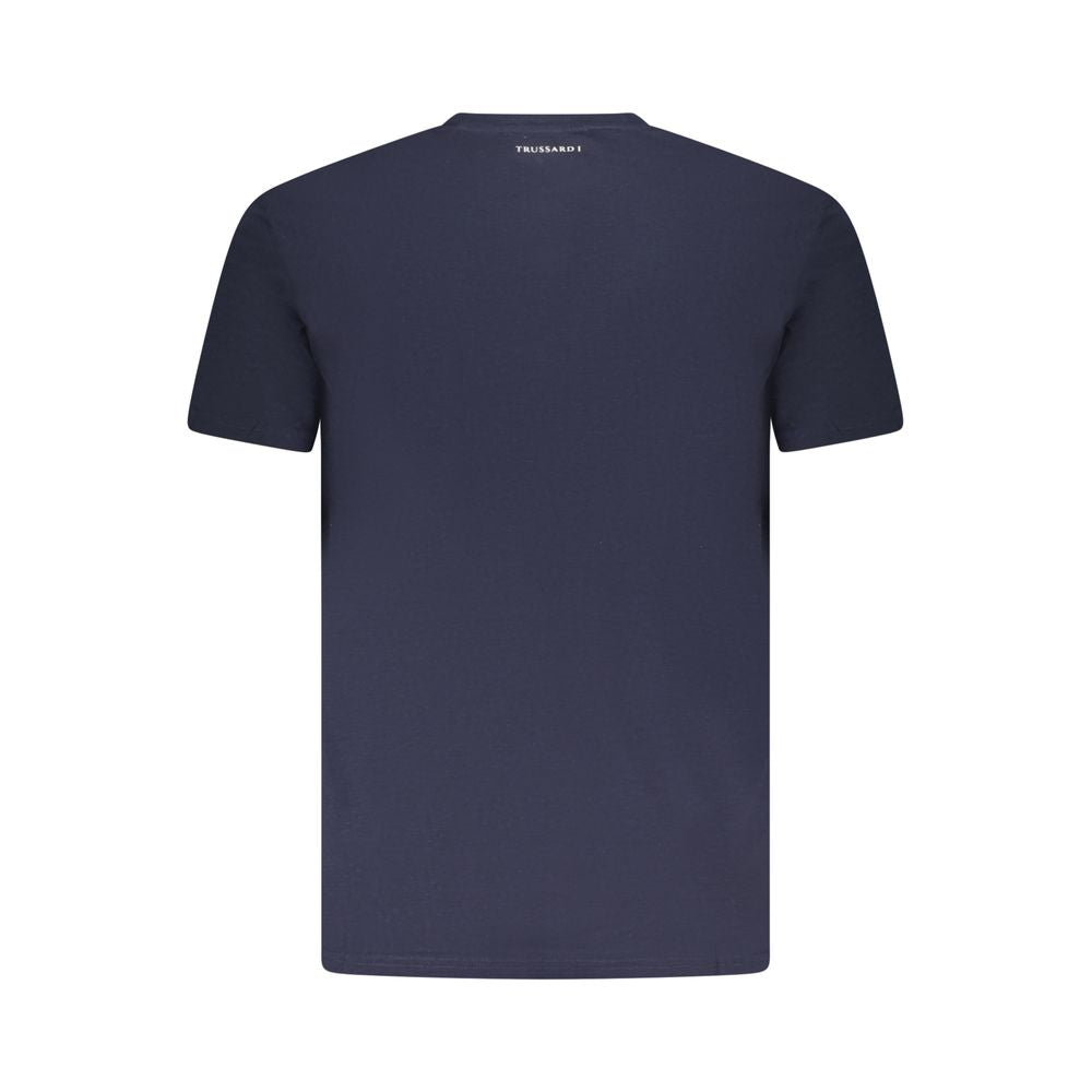 Back view of Trussardi Blue Cotton Men T-Shirt with short sleeves and crew neck design, showcasing the iconic Trussardi logo.