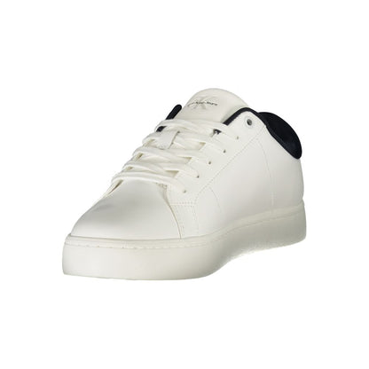Calvin Klein White Leather Men Sneaker with blue accents and recycled rubber sole, offering fashionable comfort and sustainability.