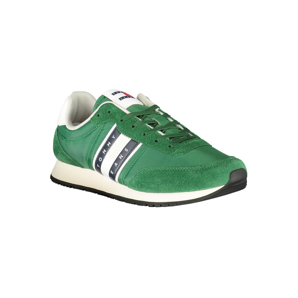 Tommy Hilfiger Green Polyester Men Sneaker with sustainable, athletic design and iconic logo details, made of 50% recycled materials.