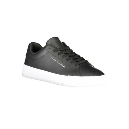 Tommy Hilfiger Black Leather Men Sneaker with logo and removable footbed, featuring contrasting details for a stylish athletic look.