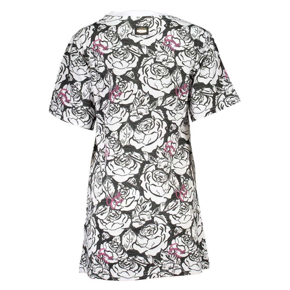 Cavalli Class White Cotton Women Dress with floral print and short sleeves, showcasing luxurious design and style.