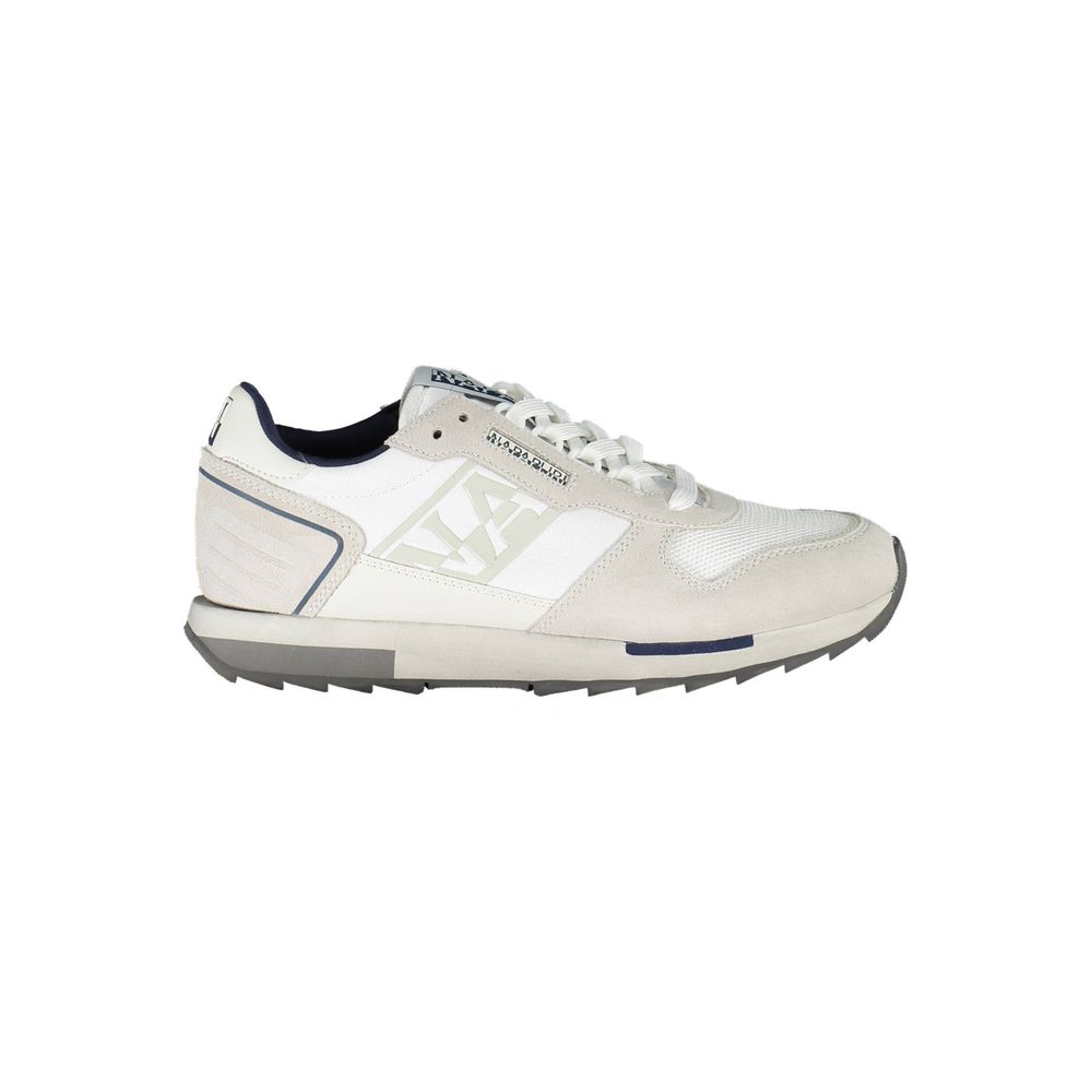 Napapijri White Leather Men Sneaker with logo, contrasting accents, and extra laces for versatile styling. Fashion meets function in this shoe.
