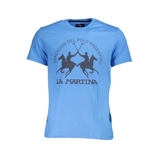 La Martina Blue Cotton Men T-Shirt with logo print, short sleeves, crew neck, and regular fit