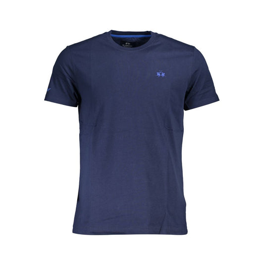 La Martina Blue Cotton Men TShirt with logo, short sleeves, and intricate embroidery, stylish regular fit for modern men.