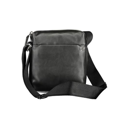 Calvin Klein Black Polyester Men Shoulder Bag with adjustable strap and external pocket, made with recycled materials, sleek black design.