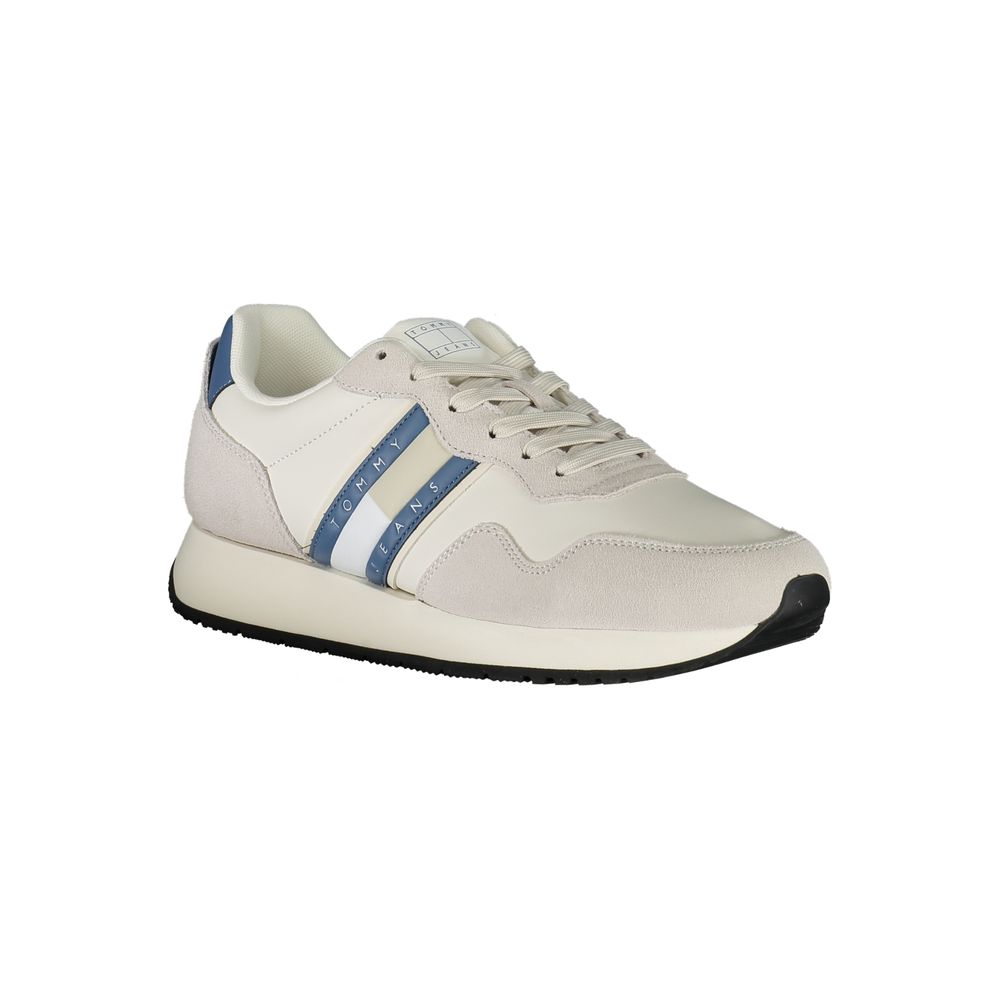 Tommy Hilfiger White Leather Men Sneaker with blue accents, featuring stylish design and comfort for casual outfits.