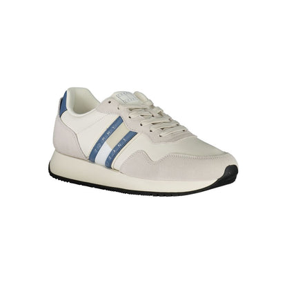 Tommy Hilfiger White Leather Men Sneaker with blue accents, featuring stylish design and comfort for casual outfits.