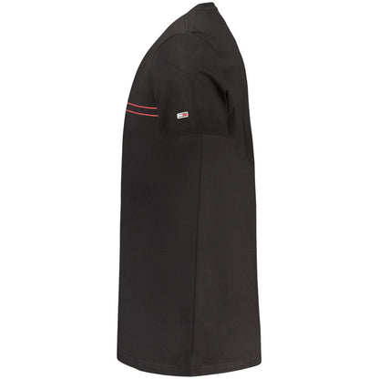 Side view of Tommy Hilfiger Black Cotton Men T-Shirt with logo detail on sleeve