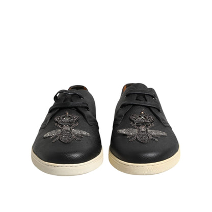 Dolce & Gabbana Black Leather Bee Crown Low Top Sneakers Shoes