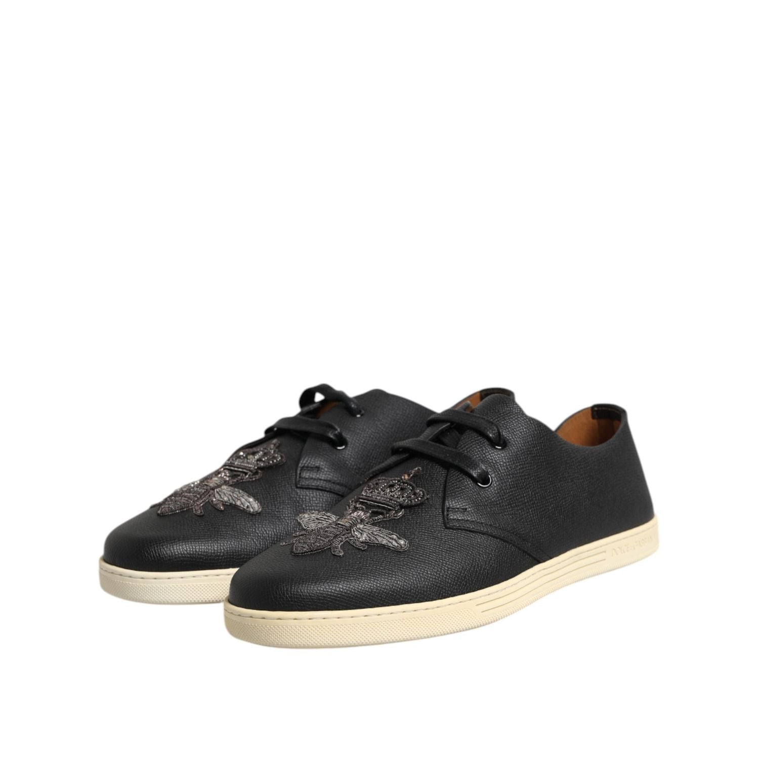 Dolce & Gabbana Black Leather Bee Crown Low Top Sneakers Shoes