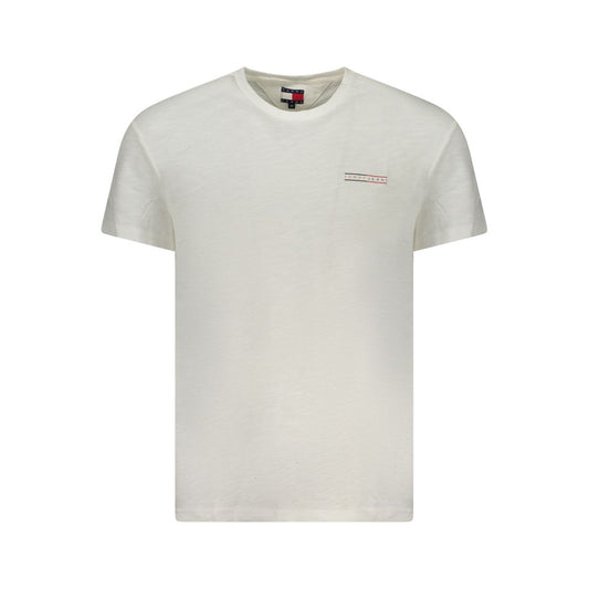 Tommy Hilfiger White Cotton Men T-Shirt featuring vibrant print and logo on regenerative cotton, showcasing American style and sustainability.