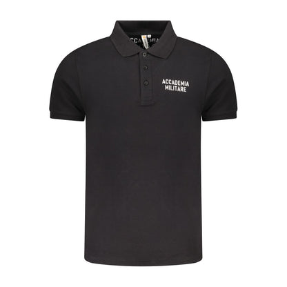 Accademia Militare Black Cotton Polo Shirt with short sleeves, contrast logo, 3 buttons, and stylish print.